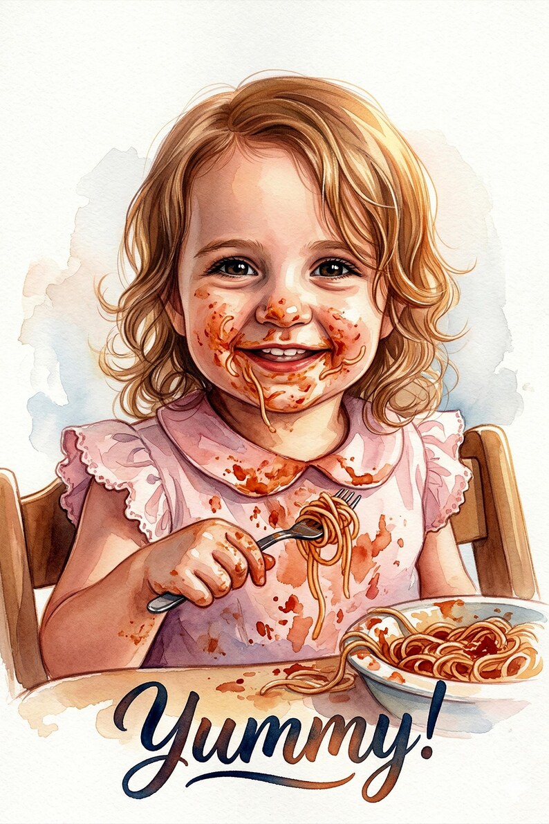 Op de afbeelding: Waterverfillustratie van een lachend kind met spaghetti en tomatensaus op gezicht en kleding. Het kind houdt een vork met spaghetti vast. Een kom spaghetti staat op tafel. Het woord "Yummy!" staat onderaan.