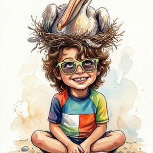Op de afbeelding: Waterverfillustratie van een kind met krullend bruin haar, een groene zonnebril en een kleurrijk shirt, zittend op het strand met een pelikaan op hun hoofd. Tekst luidt "Um...Beach Life?"