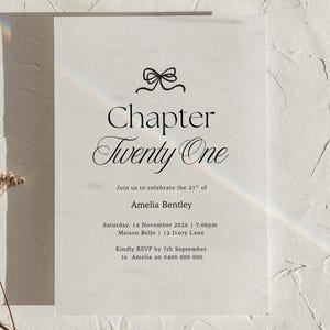 May include: A white invitation card with black text. The card reads "Chapter Twenty One" with event details including the date, time, location, and RSVP information. A decorative bow graphic is at the top.