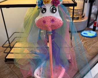 Unicorn Felt Want with Floral Sequin Crown ; Sparkly Fairy Wand with Ribbons, Tulle and Two Kawaii Keychain Charms. - Party Favor Gift
