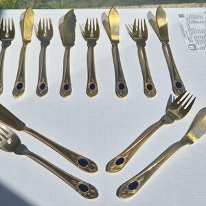 Vintage Solingen 23/24K gold-plated dessert and fish cutlery set with blue detail