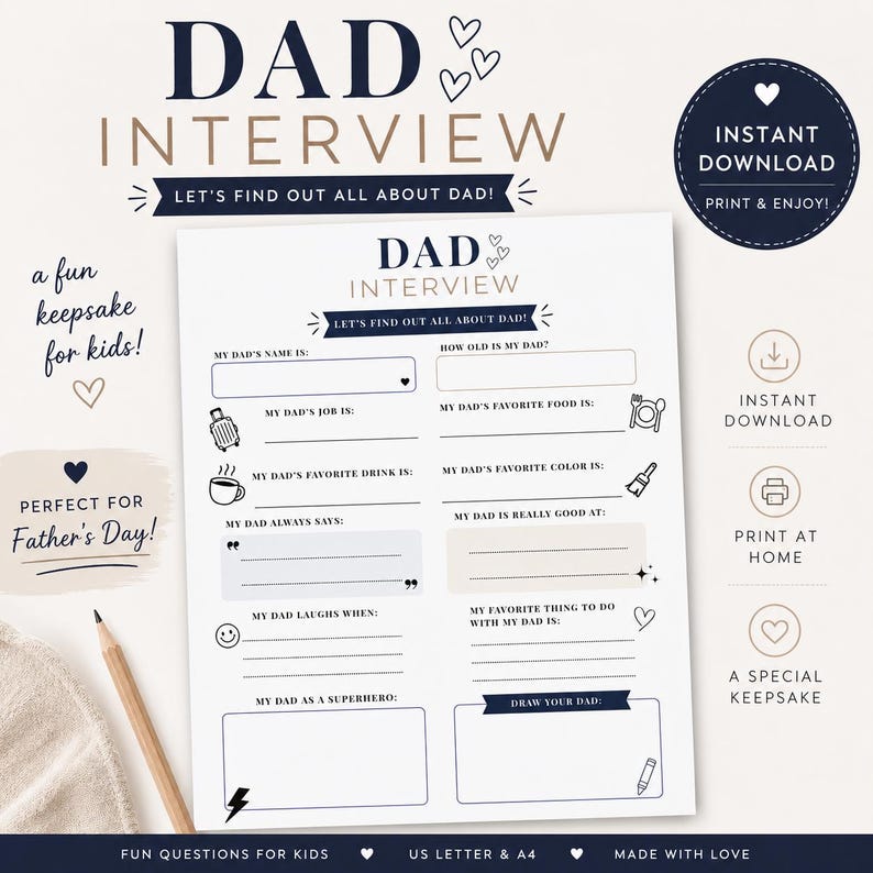Dad Interview Printable, Father’s Day Keepsake, Kids Questionnaire ...