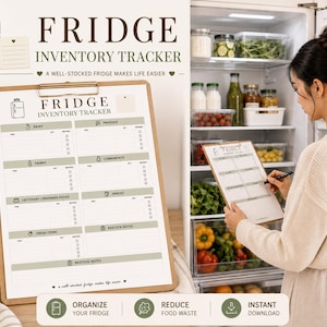 Könnte beinhalten: Ein Klemmbrett mit einem "FRIDGE INVENTORY TRACKER" Formular. Das Formular hat Abschnitte für Milchprodukte, Produkte, Getränke, Gewürze, Reste, Snacks, frische Artikel und Nachfüllnotizen. Der Text "A well-stocked fridge makes life easier" ist ebenfalls vorhanden.