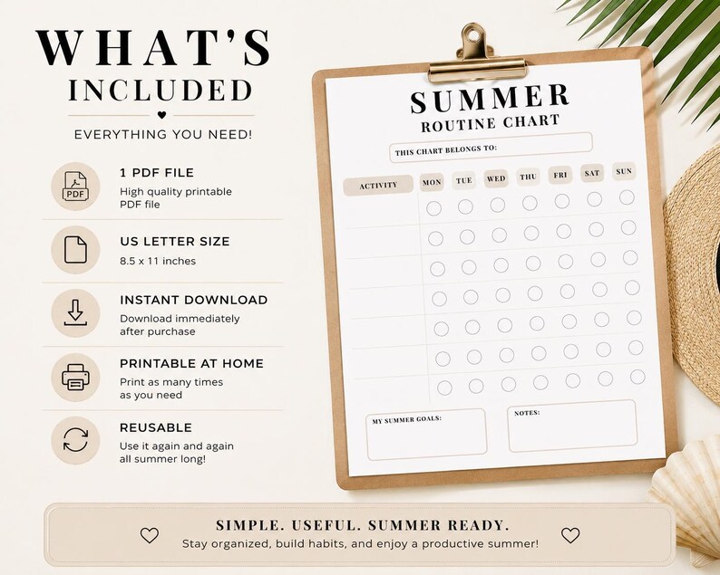 Summer Routine Blank Summer Routine Chart Printable for Kids | Blank Weekly Habit Tracker ...