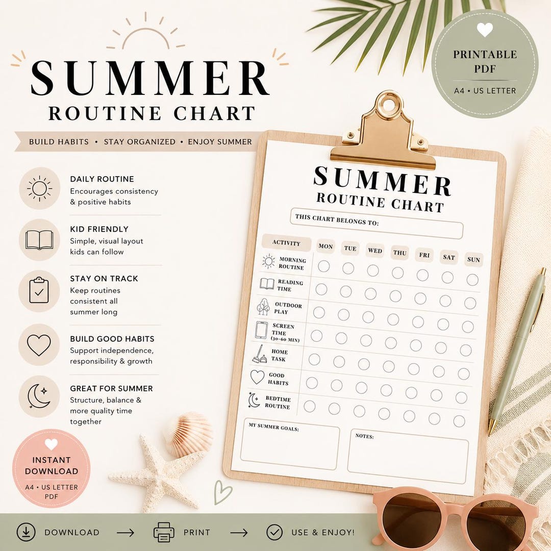 Summer Routine Pdf Summer Routine Chart Printable Kids Habit Tracker Daily Schedule PDF - Etsy