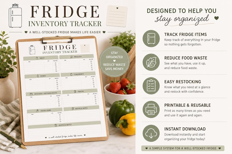 Fridge Inventory Tracker Printable Kitchen Organizer Restock Checklist ...