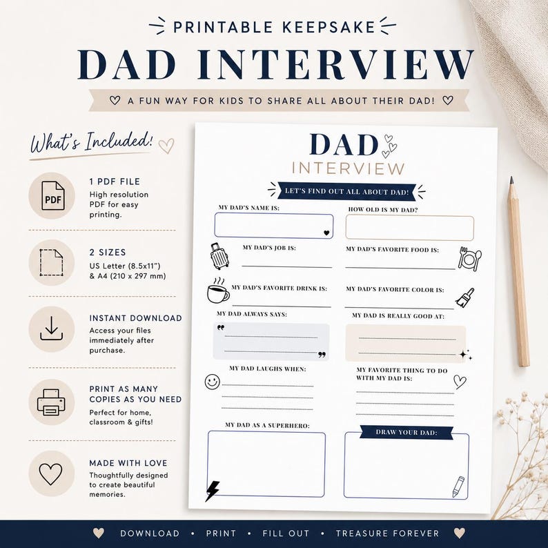 Dad Interview Printable, Father’s Day Keepsake, Kids Questionnaire ...