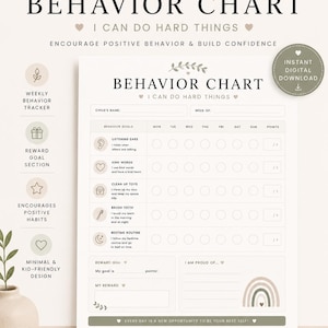 May include: A printable behavior chart with the text "Behavior Chart" and "I Can Do Hard Things." The chart includes sections for tracking goals, rewards, and points. The design is minimalist and kid-friendly, with a neutral color palette.