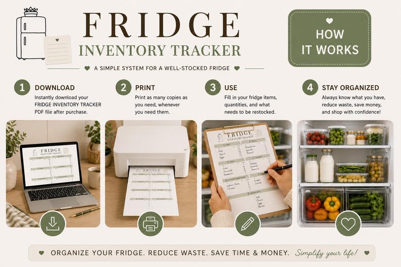 Fridge Inventory Tracker Printable Kitchen Organizer Restock Checklist ...
