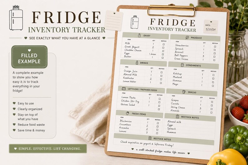 Fridge Inventory Tracker Printable Kitchen Organizer Restock Checklist ...
