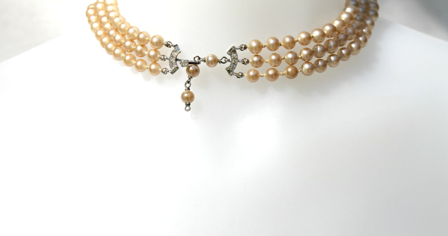 Vintage Marvella pearl necklace triple strand champagne color Etsy