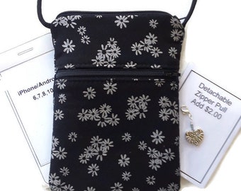 Cell Phone Purse with Black metallic silver flowers.