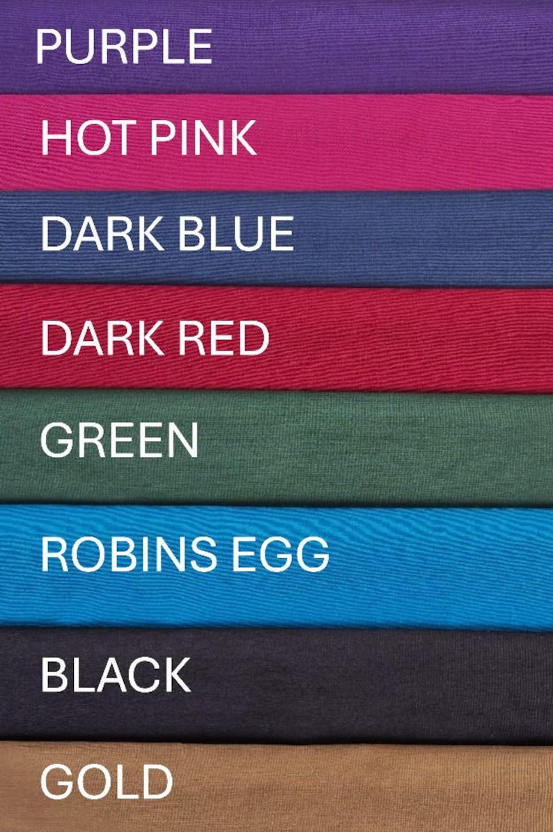 May include: A color chart featuring eight horizontal fabric swatches labeled with white text: Purple, Hot Pink, Dark Blue, Dark Red, Green, Robins Egg, Black, and Gold. Each swatch displays a distinct solid color with a visible fabric texture.