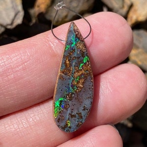Breathtaking Freeform  Australian Boulder Opal Drop, Side Drilled, 31mm x 10mm x 4mm ~ Green Fire