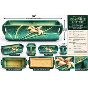 May include: A rectangular Roseville Pottery planter with handles, featuring a green glazed finish and a raised lily flower design. It measures 10 inches wide and 3 1/4 inches high. The base is marked Roseville, and the interior is cream-colored.