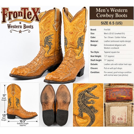 FronTeX Mens Western Cowboy Boots Tan Leather Alligator Embroidered 6.5