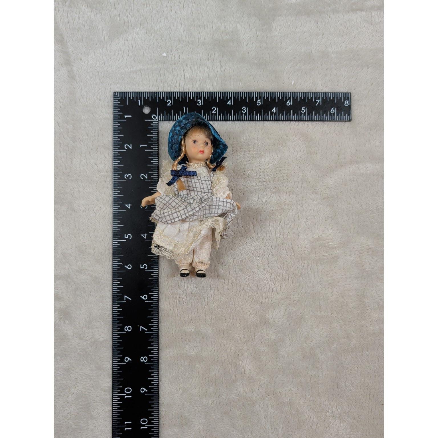 Vintage Miniature Porcelain Doll Blonde Pigtails Blue Bonnet