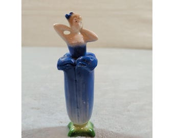 Vintage Art Deco Porcelain Flapper Girl Blue Flower Perfume Bottle Decanter 7"