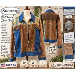 May include: A patchwork jacket featuring blue denim panels, brown corduroy sections, and floral patterned fabric. The jacket has a button-front closure, chest pockets, and long sleeves. Visible text includes Stonebridge, XL, and Dry Clean Only.