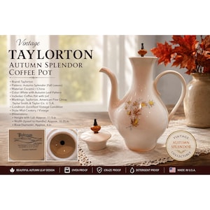 May include: A white ceramic Taylorton Autumn Splendor coffee pot with a lid, featuring an autumn leaf pattern. The pot stands 11.5 inches tall, measures 10.25 inches wide from spout to handle, and has a 4-inch base diameter. Includes markings.
