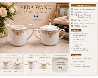 Vera Wang Wedgwood Empress Jewel Bone China Sugar Bowl and Creamer Set Gold Trim