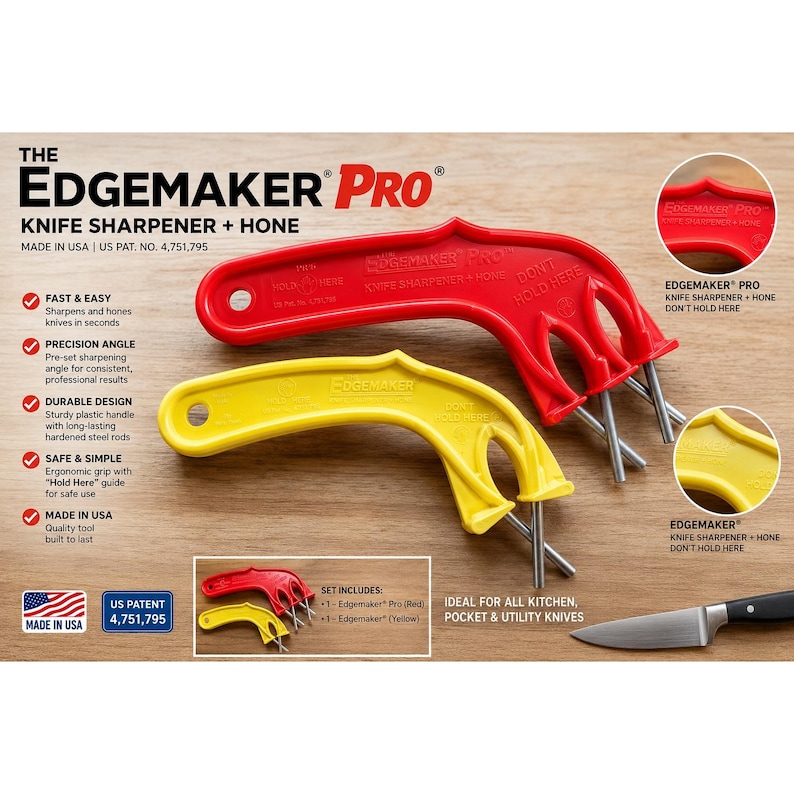 Edgemaker Pro Knife Sharpener and Hone Set Red Yellow Handheld Made in USA image 1