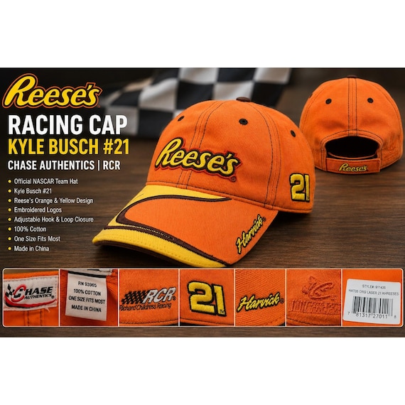 Chase Authentics NASCAR Kevin Harvick 21 Reeses Racing Hat Orange Yellow 911435