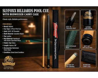 Slyfoxx 2 Piece Pool Cue Billiard Stick Black Green Linen Wrap with Budweiser Cs