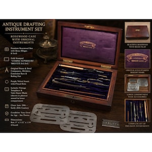 May include: Antique drafting instrument set in a rosewood case with original instruments. The set includes brass and steel compasses, dividers, extension bars, and a ruling pen. The box measures 9" x 5 1/2" x 1 3/4" (closed).