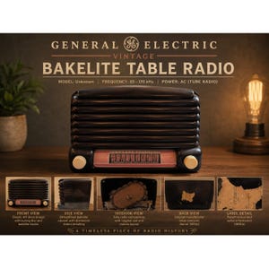 Może przedstawiać: Zabytkowe radio stołowe General Electric Bakelite. Czarne radio ma klasyczny design Art Deco z pokrętłem strojenia i bakelitowymi pokrętłami. Radio ma zakres częstotliwości 55-170 kHz i jest zasilane prądem zmiennym (radio lampowe).