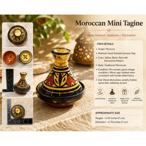 May include: A Moroccan Mini Tagine, hand-painted ceramic clay, with yellow, black, and red decorative patterns. The tagine is approximately 2.75 inches (7 cm) in height and diameter. It is a decorative piece, perfect for jewelry or spice storage.