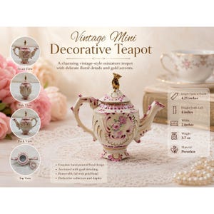 Puede incluir: Mini tetera decorativa vintage con diseño floral pintado a mano, detalles dorados y tapa extraíble. La tetera mide 10,8 cm de largo, 10,2 cm de alto y 5,1 cm de ancho. Hecha de porcelana.