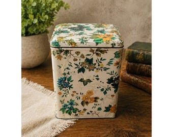 Vintage Daher Floral Tin Hinged Lid Made in England Cream Yellow Teal Botanical