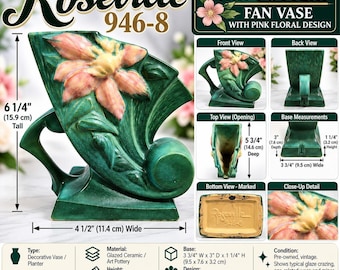 Jarrón de cerámica artística Roseville Clematis Green Fan 946-8, maceta floral rosa vintage