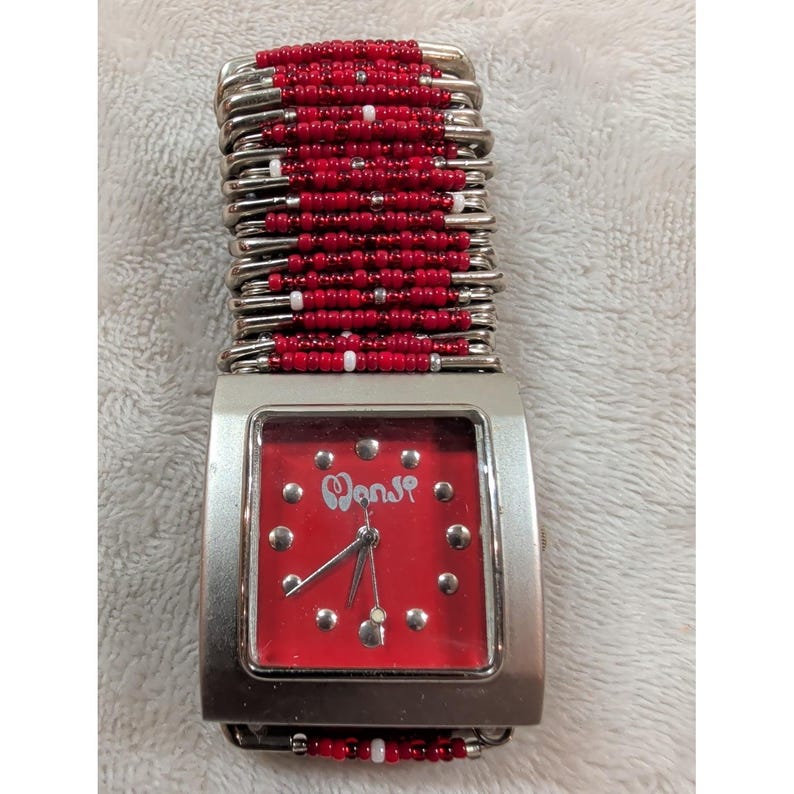 Monji USA Quartz Watch Red Dial Safety Pin Beaded Elastic Stretch Band Punk Sty image 2