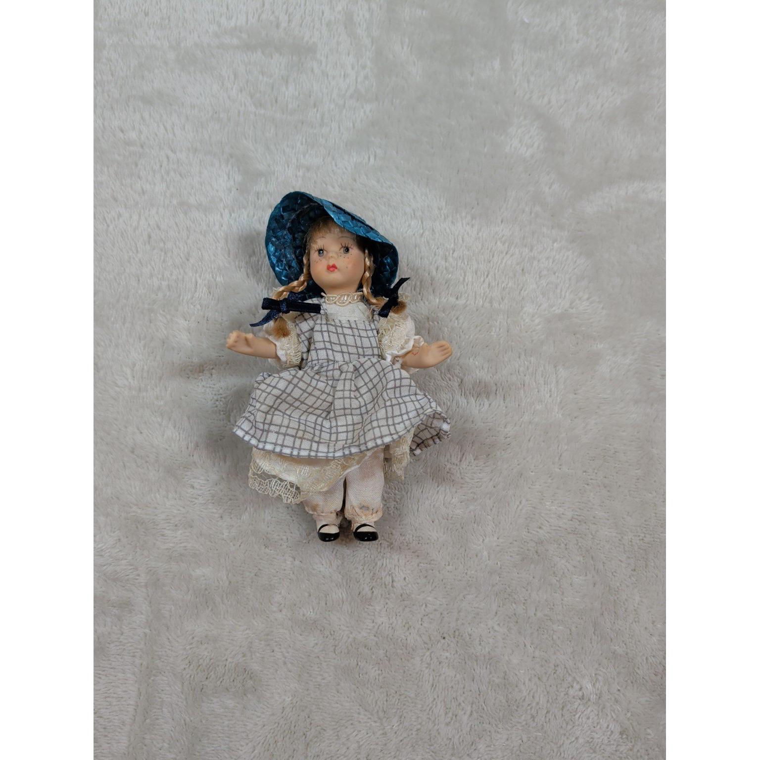 Vintage Miniature Porcelain Doll Blonde Pigtails Blue Bonnet