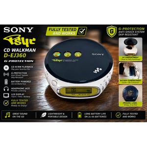 May include: A black and white Sony CD Walkman D-EJ360 portable player with G-Protection anti-shock technology. The device features a circular top with three buttons, a front-facing LCD display, and side controls for volume and track navigation.