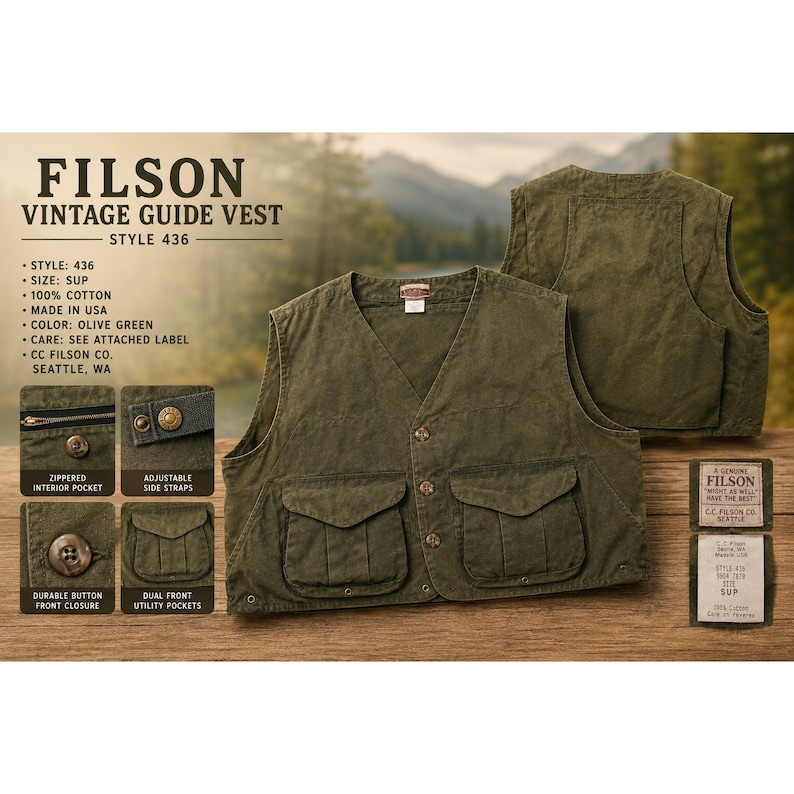 Filson Vintage Guide Vest Style 436 Olive Grün Gewachste Baumwolle Herren Größe SUP USA Bild 1