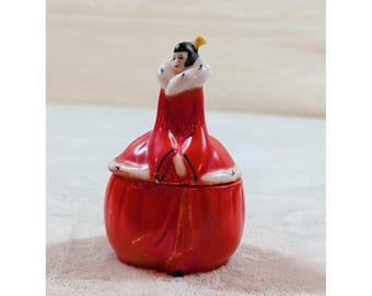 Vintage Germany Porcelain Lady Powder Jar Trinket Box Red Dress Figurine 4.5"