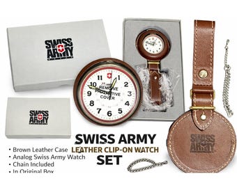 Swiss Army Clip-On Analog Watch Brown Leather Case with Chain New in Box
