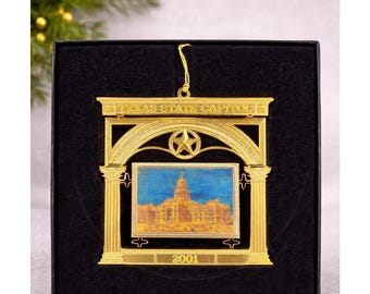 Texas State Capitol 2001 Christmas Ornament Gold Tone Austin Texas Collectible