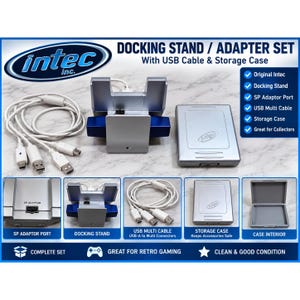 May include: An Intec docking stand and adapter set including a silver docking stand, a white USB multi-cable with multiple connectors, and a silver storage case. The set features an SP adaptor port and is presented as a complete collection.