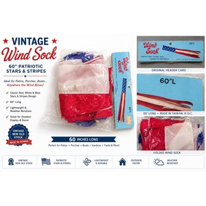 May include: A vintage wind sock in a red, white, and blue stars and stripes pattern, packaged in a clear plastic bag. The product includes a light blue header card with the text Wind Sock and 60 L, indicating a length of 60 inches.