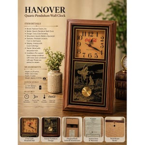 May include: A rectangular Hanover Quartz Pendulum Wall Clock with a Coca-Cola branded dial and scenic pendulum design. The clock is framed in wood and measures 15.75 inches high, 10.5 inches wide, and 2 inches deep.