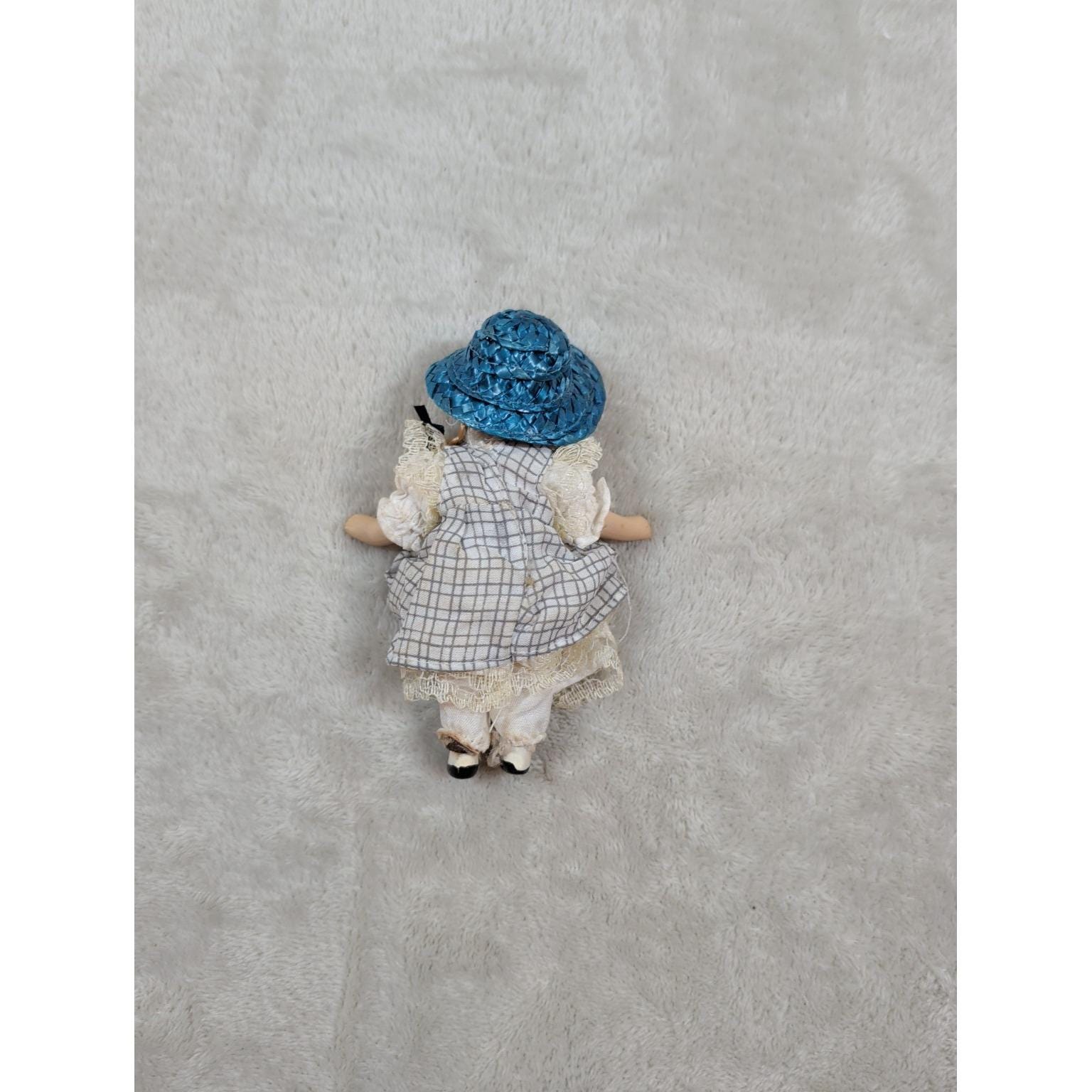 Vintage Miniature Porcelain Doll Blonde Pigtails Blue Bonnet