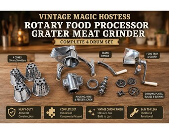 Rallador de carne giratorio Vintage Magic Hostess de 4 tambores, juego completo