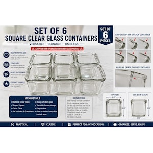 May include: A set of six square clear glass containers. Each container features a chip on the top rim, and one container has a visible hairline crack. The containers measure 3.25 inches by 3.25 inches at the top and 2.75 inches in height.