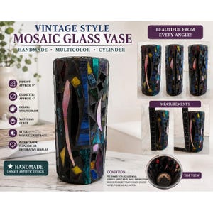 Designs by Annie Vintage Mosaic Glass Vase Handmade Multicolor Cylinder 9 inch