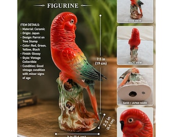 Vintage Ceramic Parrot Figurine Red Tropical Bird on Stump Made in Japan 8.5"