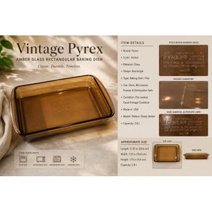 Puede incluir: Una fuente de horno rectangular de vidrio ámbar Pyrex con una capacidad de 2,8 L. La fuente mide 28,6 cm de largo, 18,4 cm de ancho y 4,4 cm de alto. Es apta para horno, microondas, lavavajillas y congelador, con marcas de marca visibles.
